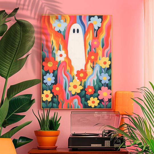 Groovy Ghost - Retro Vibrant Colorful Flowers and Ghosts Print
