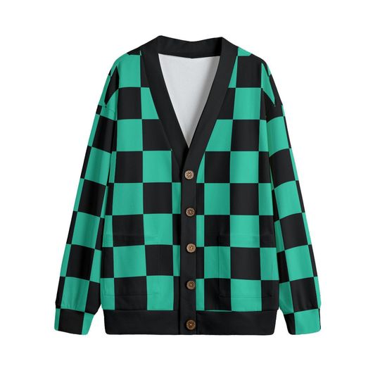 Green & Black Checker Print Unisex V-Neck Cardigan with Button Closure