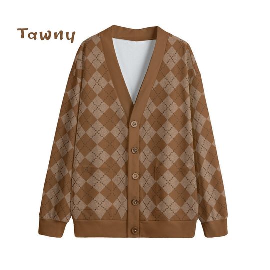 Ode to Brown Argyle Diamond Print Unisex V-Neck Print Cardigan