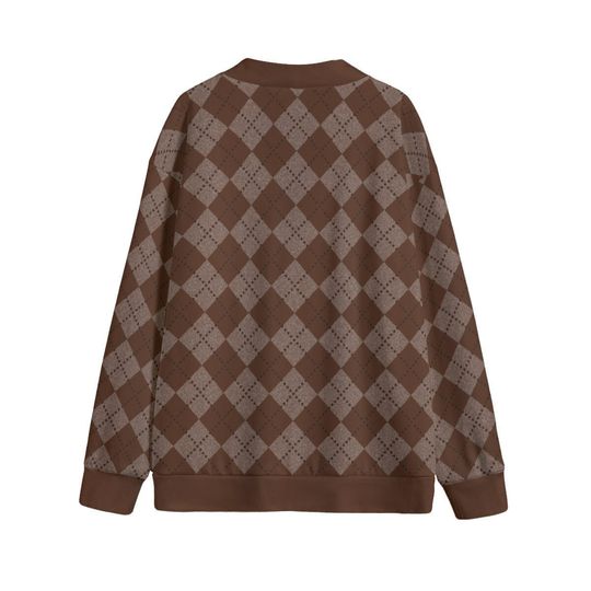 Ode to Brown Argyle Diamond Print Unisex V-Neck Print Cardigan
