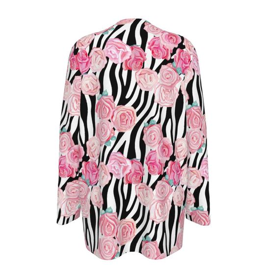 Pink Roses over Zebra Print | Women's Patch Cardigan WITHOUT POCKET