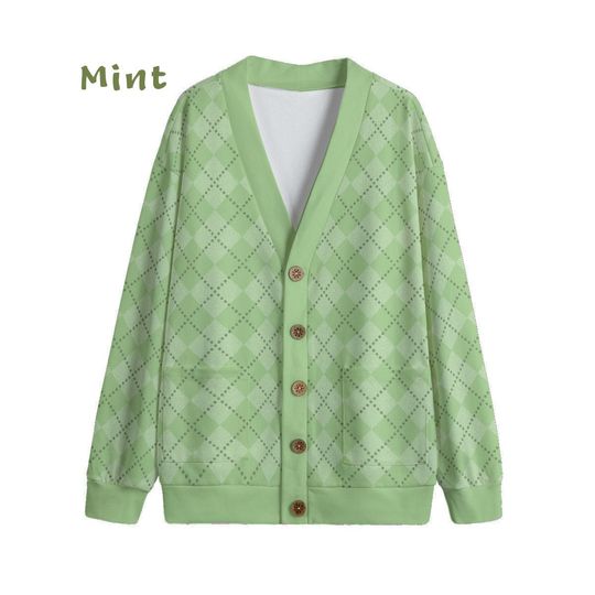 Ode to Green Argyle Diamond Print V-Neck Print Cardigan Unisex
