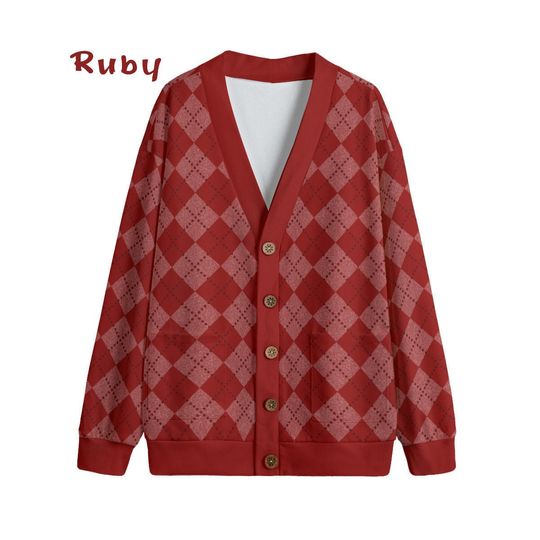 Ode to Red Argyle Diamond Print V-Neck Print Cardigan