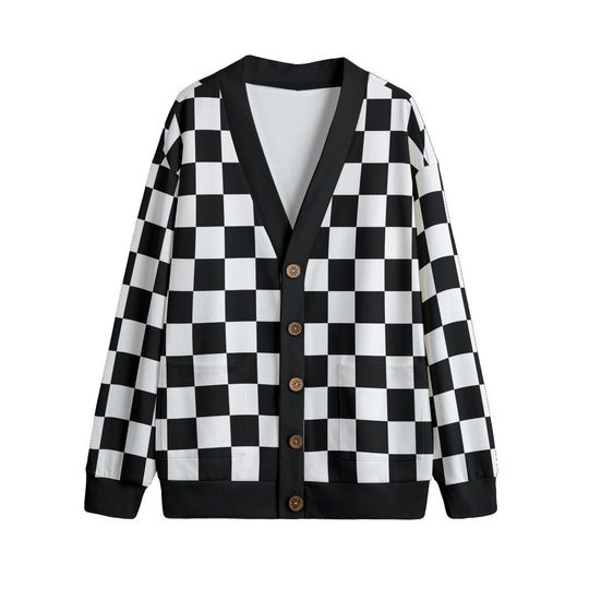 Black & White All-Over Checkered Print Cardigan