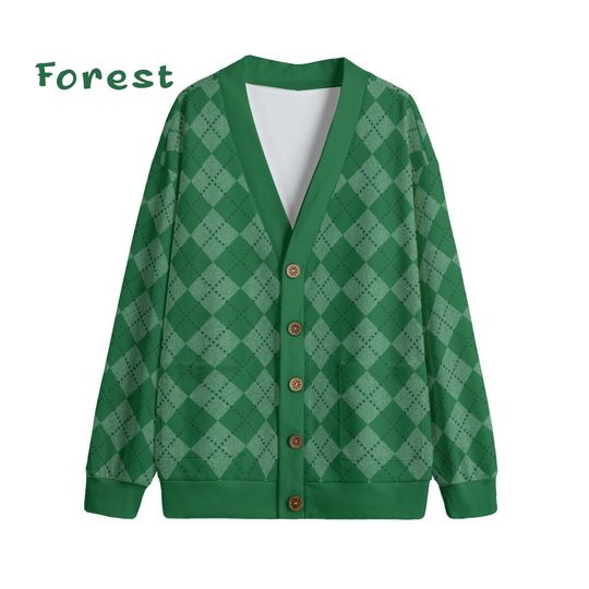 Ode to Green Argyle Diamond Print V-Neck Print Cardigan Unisex