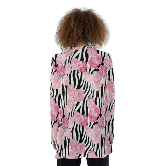 Pink Roses over Zebra Print | Women's Patch Cardigan WITHOUT POCKET