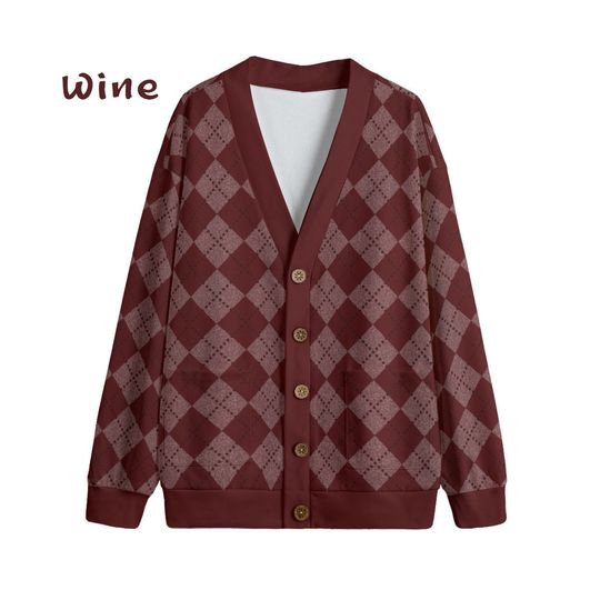 Ode to Red Argyle Diamond Print V-Neck Print Cardigan