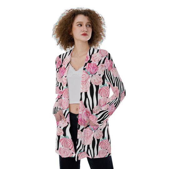 Pink Roses over Zebra Print | Women's Patch Cardigan WITHOUT POCKET