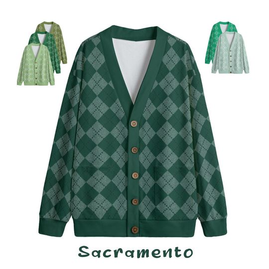 Ode to Green Argyle Diamond Print V-Neck Print Cardigan Unisex