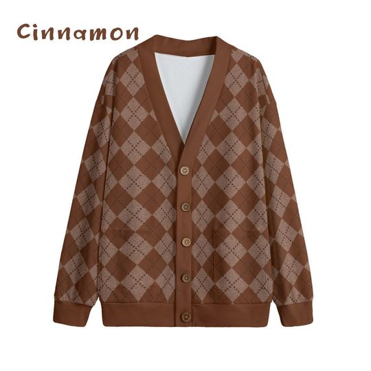 Ode to Brown Argyle Diamond Print Unisex V-Neck Print Cardigan