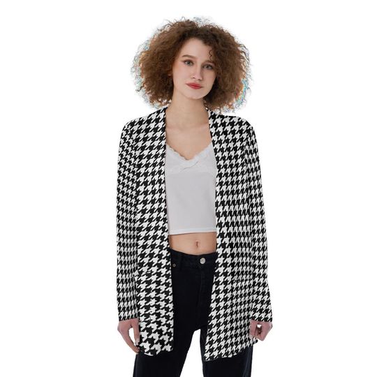Black & White Houndstooth All-Over Print Women's Patch Cardigan