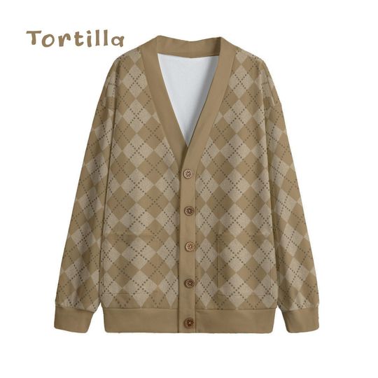 Ode to Brown Argyle Diamond Print Unisex V-Neck Print Cardigan