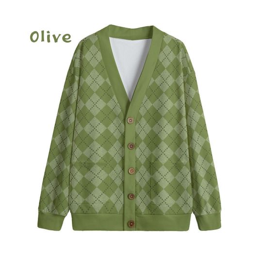 Ode to Green Argyle Diamond Print V-Neck Print Cardigan Unisex