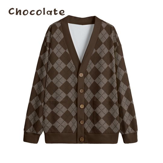 Ode to Brown Argyle Diamond Print Unisex V-Neck Print Cardigan