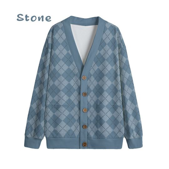 Ode to Blue Argyle Diamond Print V-Neck Print Cardigan