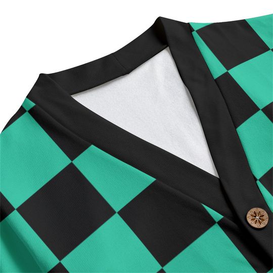 Green & Black Checker Print Unisex V-Neck Cardigan with Button Closure
