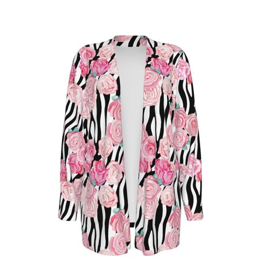 Pink Roses over Zebra Print | Women's Patch Cardigan WITHOUT POCKET