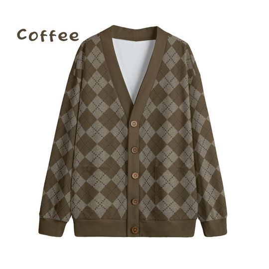 Ode to Brown Argyle Diamond Print Unisex V-Neck Print Cardigan