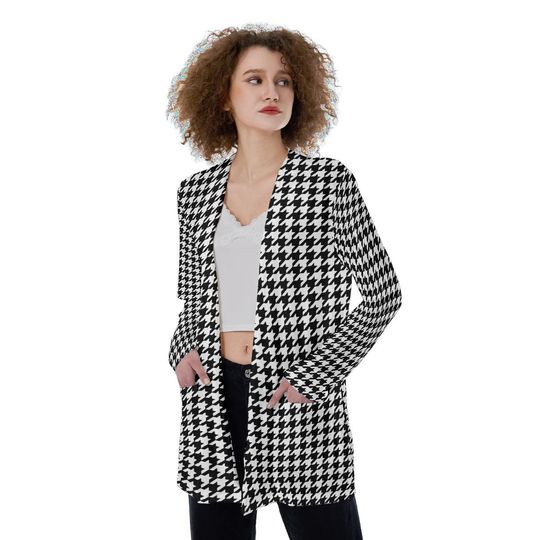 Black & White Houndstooth All-Over Print Women's Patch Cardigan