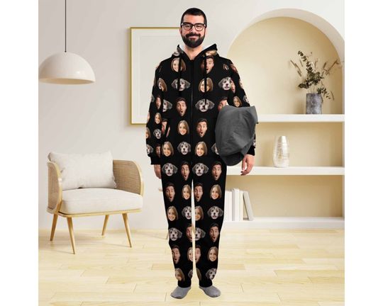 Custom Onesie Pajamas Adult Customize Zipper One-Piece Pajamas Personalized Face PJS with Photo Couples Onsies PJS Christmas Best Gifts