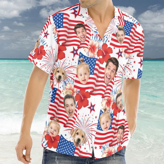 custom hawaiian shirt with face,custom 4th of July hawaiian shirt men women,Custom Independence day shirt,custom Photo hawaiian beach shorts