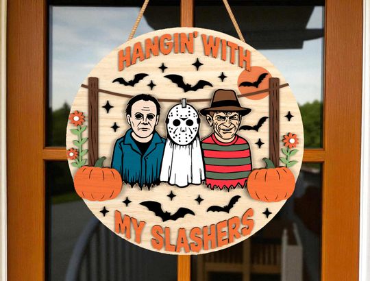Horror Hanging Sign, Funny Halloween Slasher Door Hanger