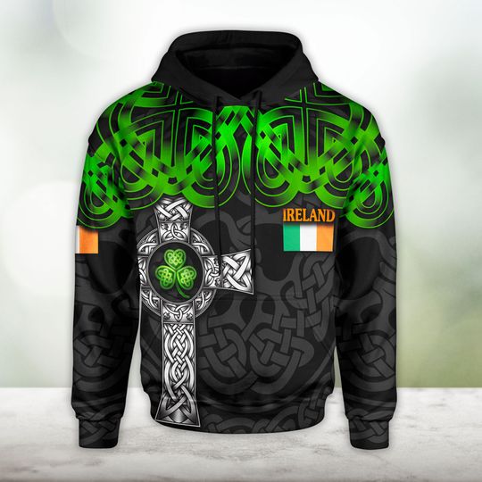 Celtic Cross Ireland Flag 3D Hoodie Gifts For Men Women Saint Patrick's Day
