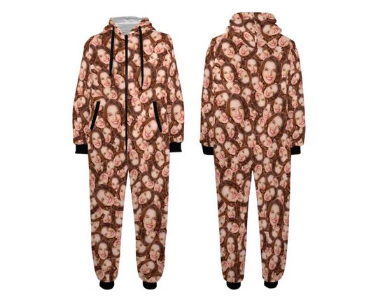 Custom Face Hooded Onesie Pajamas Personalized Photo One-piece Zipper Pajamas Customize Muti-faces Hooded Onesie Jumpsuits Christmas Gift