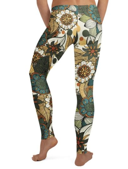 Boho Botanical Leaf Leggings for Women – Earth Tone Floral Outfit