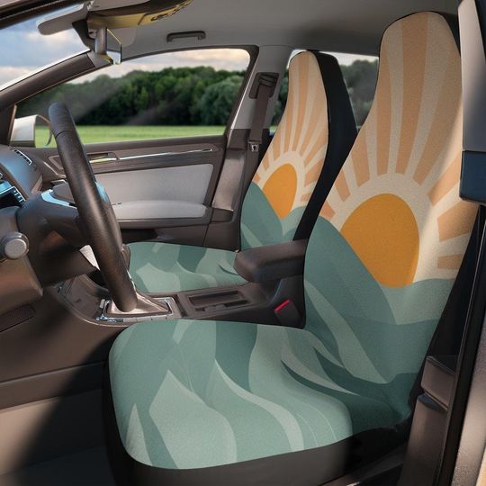 Retro Boho Car Seat Covers, 70s Sun and Sea Pattern (Set of Two)