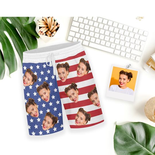 Custom Face Swim Trunk for Men, personalized trunk, Man Bathing Suit American Flag Face Gym Shorts