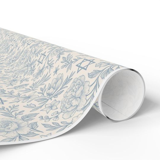 Hanukkah Toile Wrapping Paper Roll Floral Jewish Menorah and Dreidel Design Blue