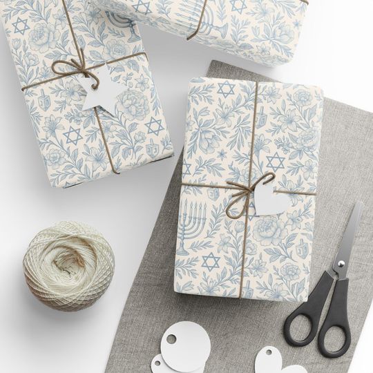 Hanukkah Toile Wrapping Paper Roll Floral Jewish Menorah and Dreidel Design Blue
