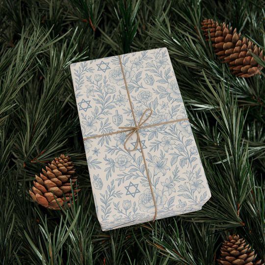 Hanukkah Toile Wrapping Paper Roll Floral Jewish Menorah and Dreidel Design Blue