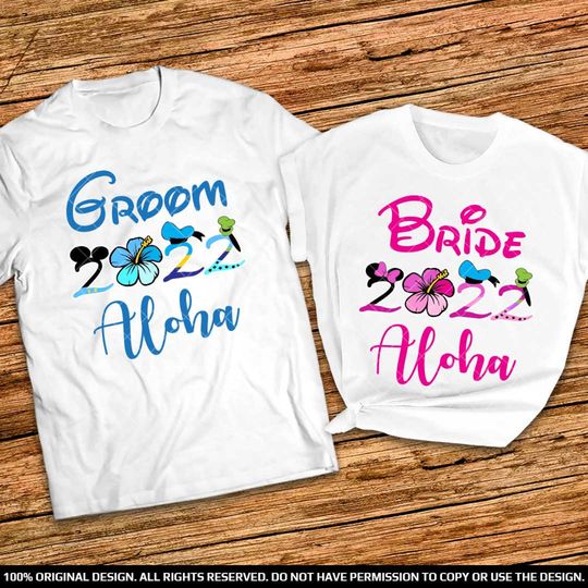 Aloha Bride and Groom shirt, Aloha wedding shirts, Disney Hawaiian bride and groom shirts, Hawaiian beach party shirt