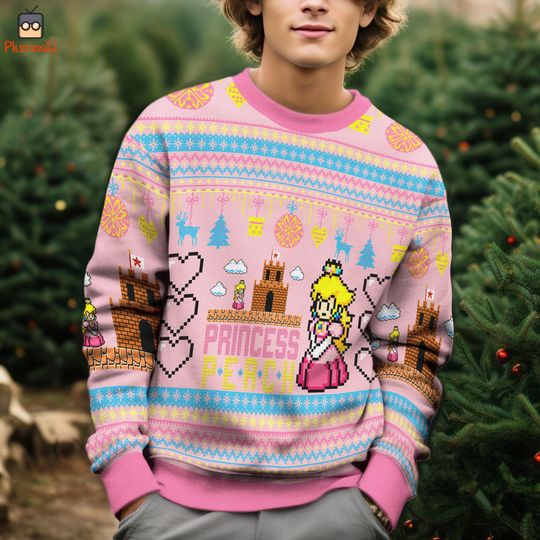 Super Mario Princess Peach Ugly Christmas Sweater, Princess Peach Sweater, Mario Christmas Shirt, Mario Family Christmas