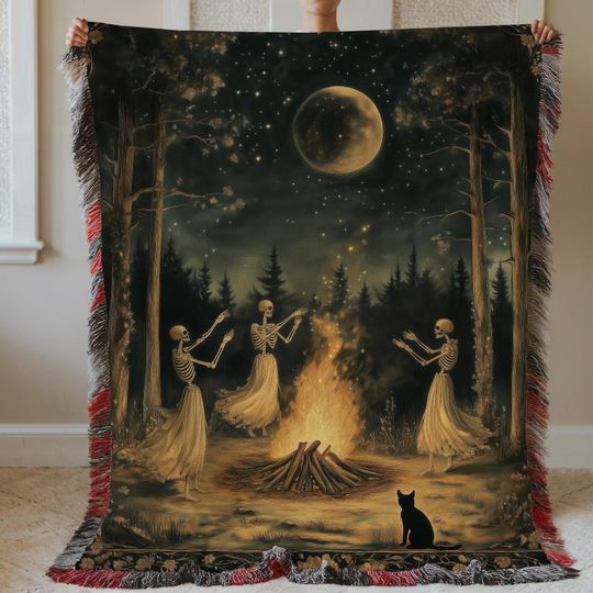 Woven Skeleton Witch Blanket: Gothic Cottagecore Tapestry