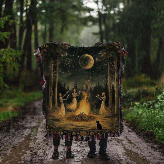 Woven Skeleton Witch Blanket: Gothic Cottagecore Tapestry