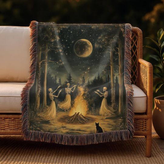 Woven Skeleton Witch Blanket: Gothic Cottagecore Tapestry