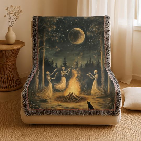 Woven Skeleton Witch Blanket: Gothic Cottagecore Tapestry