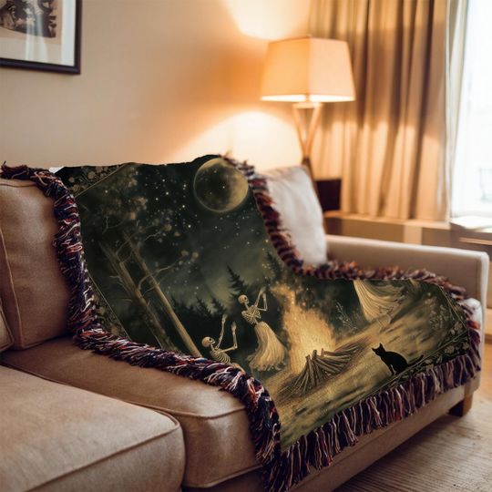Woven Skeleton Witch Blanket: Gothic Cottagecore Tapestry
