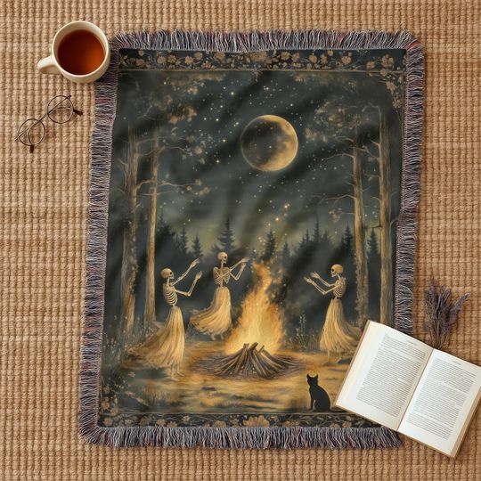 Woven Skeleton Witch Blanket: Gothic Cottagecore Tapestry