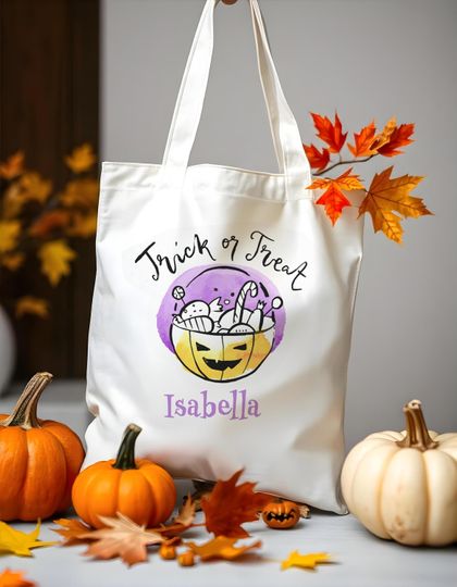 Custom Halloween Kids Bag Trick or Treat Tote Bag for Girl Personalised Name Initials Present Gift Kids Spooky Scary Jack-O-Lantern Pumpkin