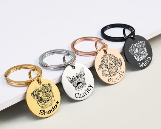Engraved Pet Portrait Keychain,Personalized Dog and Cat Memorial Tag, Stainless Steel Custom Sketch Keyring,Great Gift for Pet Owners