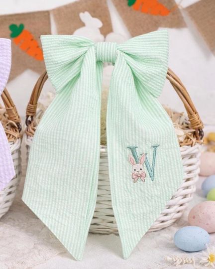 Personalized Name Easter Basket Bow, Embroidered Monogrammed Bunny Design, Seersucker Bow Decoration, Easter Gift for Kids