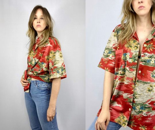 1990s Hawaiian shirt. Tropical mesh t-shirt top.