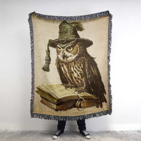 Wizard Owl Woven Throw Blanket: Vintage Folklore Fantasy Decor