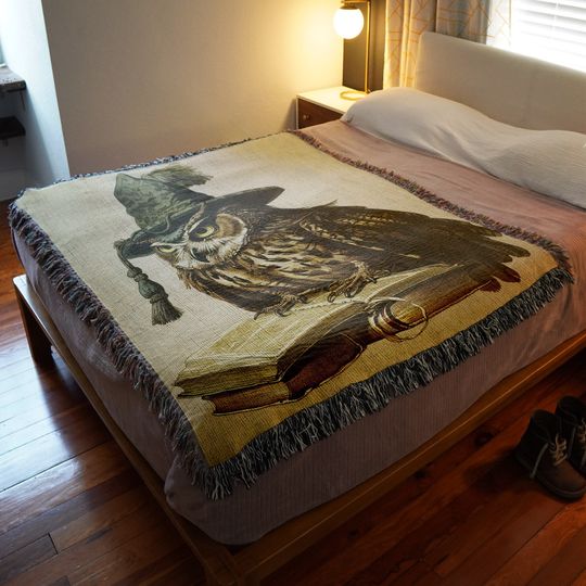 Wizard Owl Woven Throw Blanket: Vintage Folklore Fantasy Decor