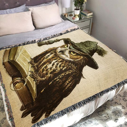 Wizard Owl Woven Throw Blanket: Vintage Folklore Fantasy Decor