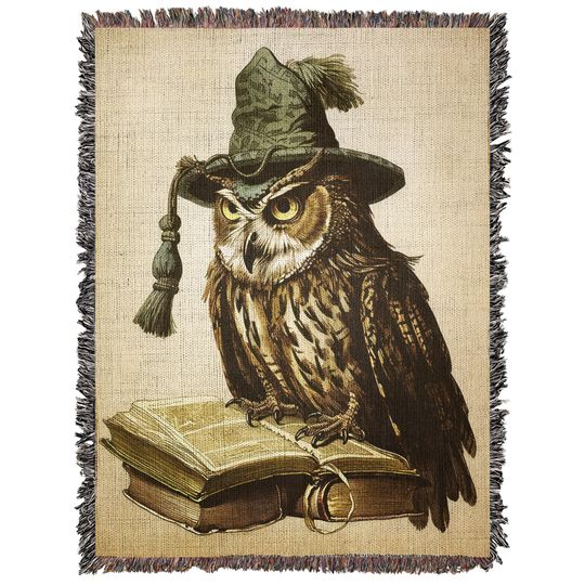 Wizard Owl Woven Throw Blanket: Vintage Folklore Fantasy Decor